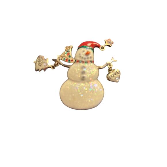 Snowman Christmas Brooch Pin Signed KC Kenneth Cole Glitter Dangle 2 In - Picture 2 of 4